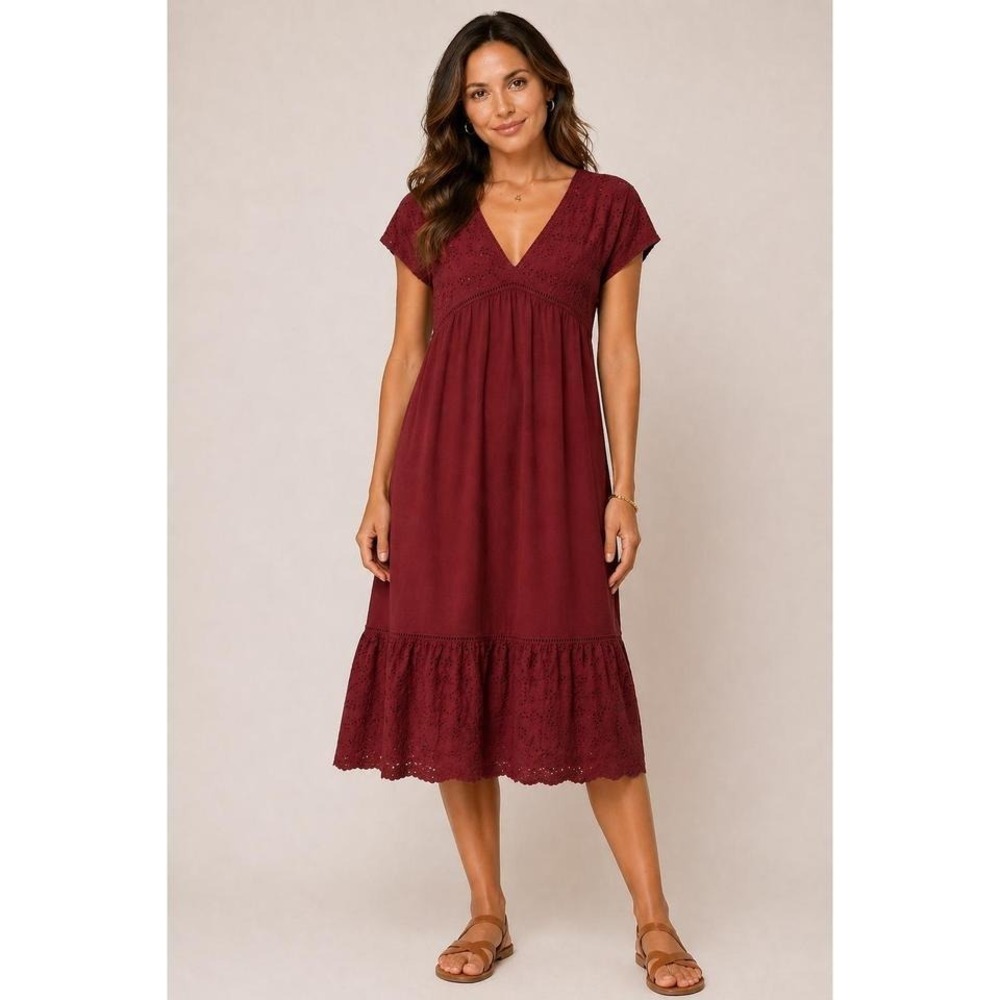 Sundance Peasant Womens XL Eyelet Embroidered V-Neck Boho Dress Maroon